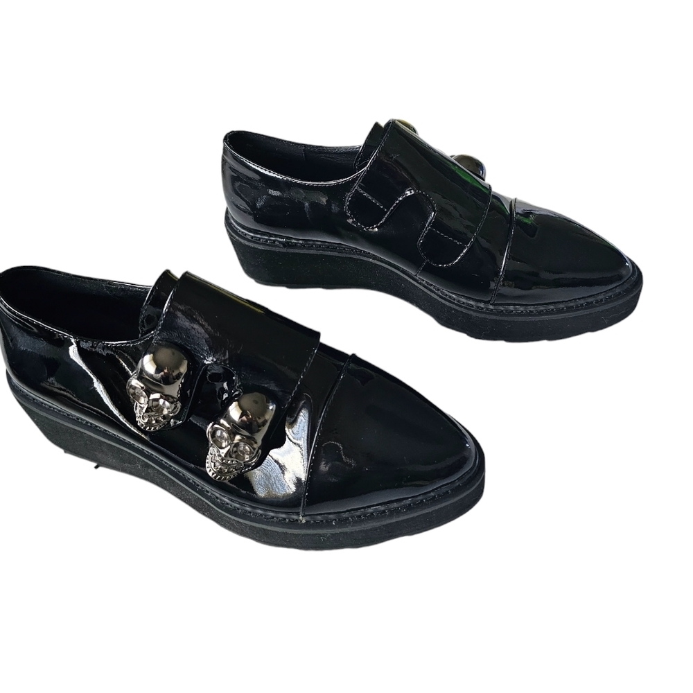 Alexander Wang Black Patent Leather Loafers with Silver Skull Detail